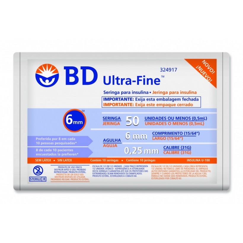 Seringa Insulina BD Ultra-Fine 50U Agulha Curta 8mm 10 Unidades
